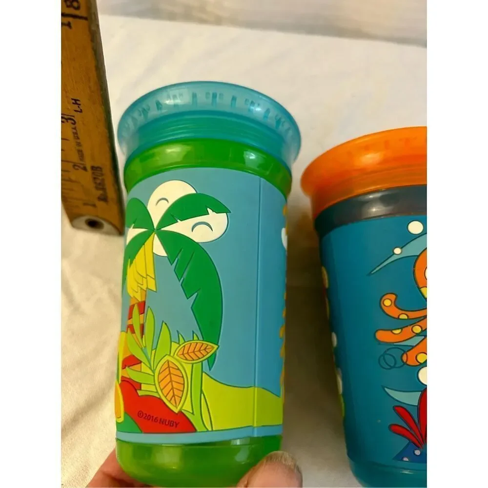 2 Nuby sippy cups Monkey & Sea‎ Creature Blue Orange lot 2016